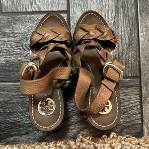 Tory burch brown braided wedges